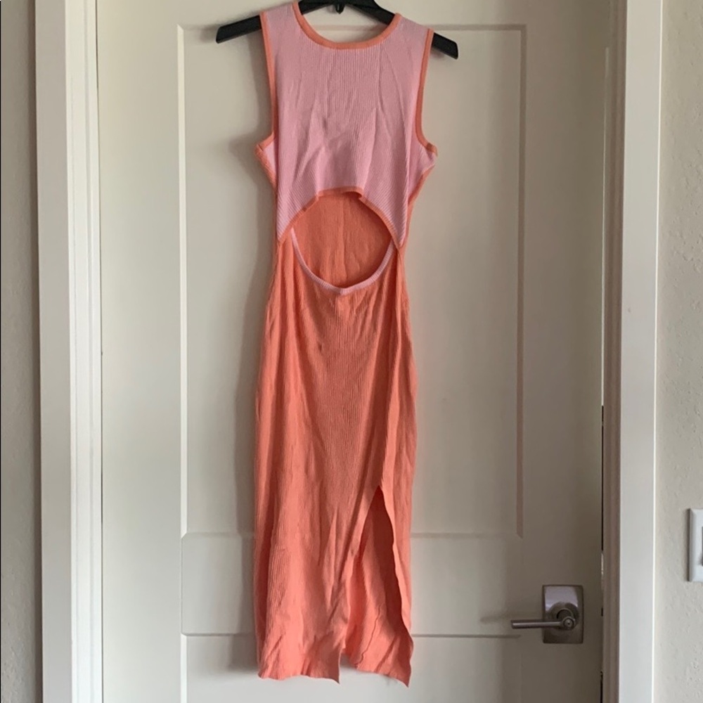 Pink and orange bodycon cutout midi dress NWT